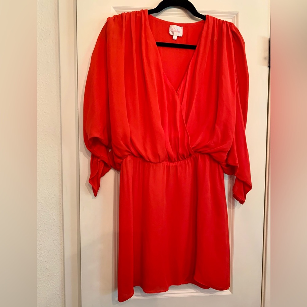 PARKER  100% Silk Mini  V-Neck Dress Red Size Small